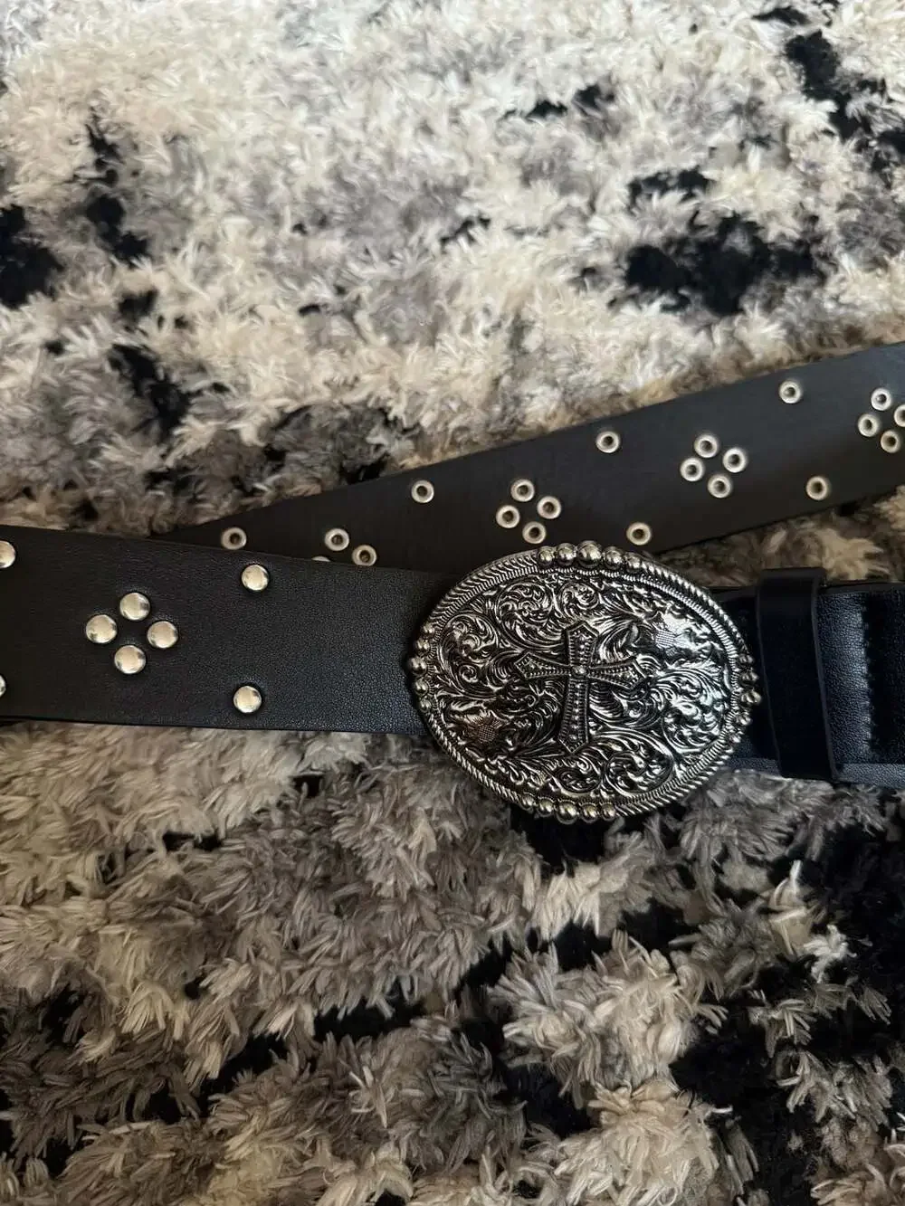 Black Faux Leather Studded Belt with Ornate Silver Gothic Cross Buckle Size M IM